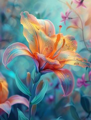 surreal beautiful lily flower background in orange, blue and green tones. Generative AI