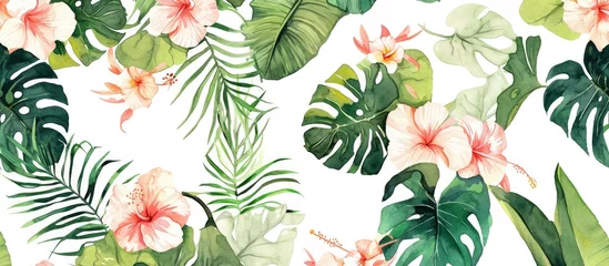  Tropical Blooms. Monstera and Flower Watercolor Pattern Delight. © MdKamrul
