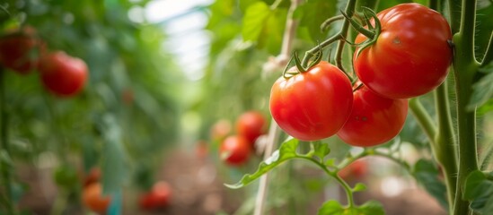 Obraz premium Ripe red tomatoes growing on the lush green vine in garden during summer
