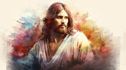 Jesus with a Beard in White Robes Against a Colorful Abstract Background