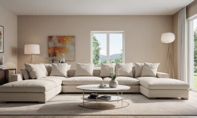 Fototapeta premium Minimalist Chic: Beige-White Sofa Radiance in Modern Living Space