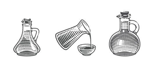 Various Glass Bottles.  Hand drawn engraving style illustrations.