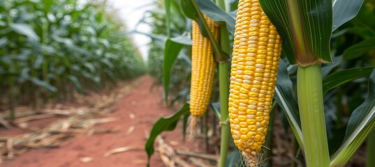 Close up of corn cobs in a corn plantation field with blurred farm background and copy space