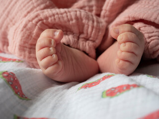 close-up photograph of a newborn's feet. Blurred background