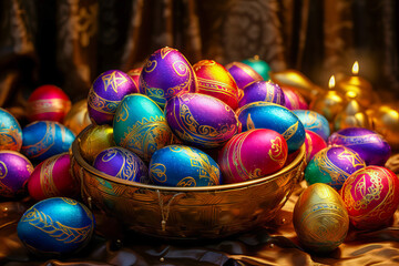 Fototapeta premium Easter basket, with hand-painted Easter eggs in a diverse array of patterns, colors, and designs