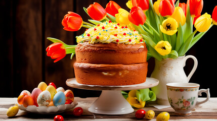Easter cake with colorful eggs and tulips on blurred wooden background. Selective focus. Greeting card on an Easter theme. Happy Easter concept.
