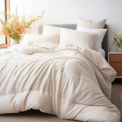 A soft blanket and pillows, light milky bed linen on a bed in a modern bedroom interior, close-up.