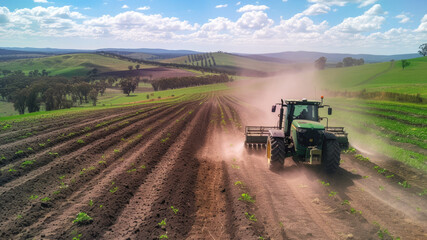 Fototapeta premium A tractor and combine loosens the soil on the field before planting crops. Agriculture, vegetable growing, farm.