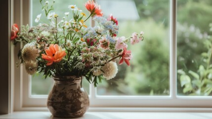 Colorful Mixed Flowers in Rustic Clay Vase on a Windowsill AI Generated.