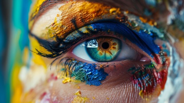 Crop of female eye with colorful make up. Beautiful fashion model with creative art makeup. Abstract colourful splash make-up. Holi festival