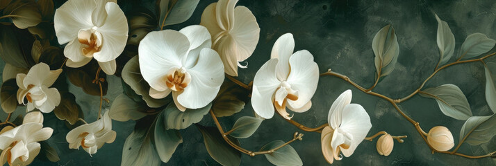 white orchids with green leaves on dark background banner