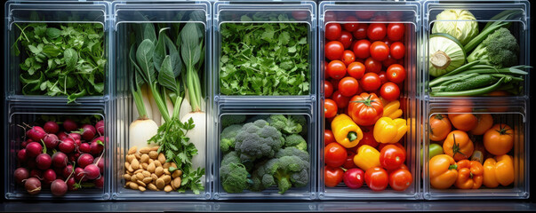 Banner. A variety of fresh vegetables, herbs and fruits are arranged in the supermarkets open showcase freezer. Organizing food storage in the refrigerator.