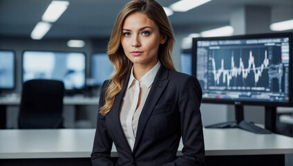Elegant young business woman, financial analyst standing in corporate office. Woman manager, finance consultant, wearing suit, looking at camera