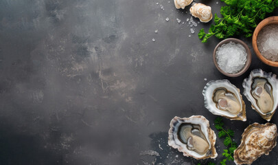 oysters with salt and parsley on grey background with copy space