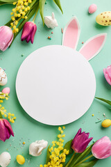 Bunny whispers: Easter's soft palette. Top view vertical shot of Easter with bunny ears, pink tulips and soft yellow mimosa on a teal background with blank circle for heartfelt wishes or adverts