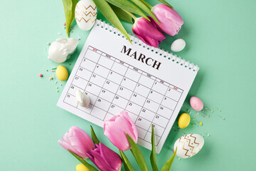 March into Easter: a calendar of blooms. A top-down photo of a March calendar surrounded by vibrant...