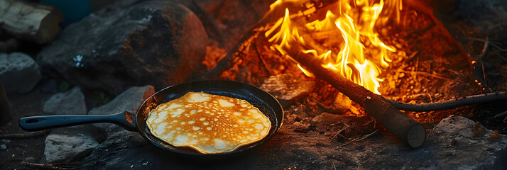 pancake being made over a fire in a frying pan - obrazy, fototapety, plakaty