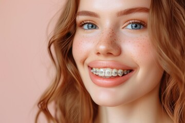 Smiling girl with braces on her teeth. Orthodontics and dental health. 
