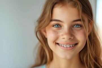 Smiling girl with braces on her teeth. Orthodontics and dental health. 