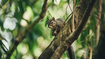Macro Close-Up of Curious Squirrel on Tree Branch with Forest Background.