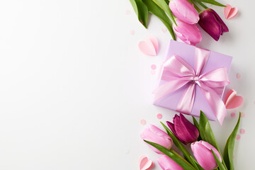 Women's Day: blossoms of appreciation. Top view shot of elegant pink tulips arrayed with a charming gift box and scattered hearts on a white background with advert zone