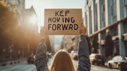 Motivational concept  woman holding sign  keep moving forward  on blurred background.