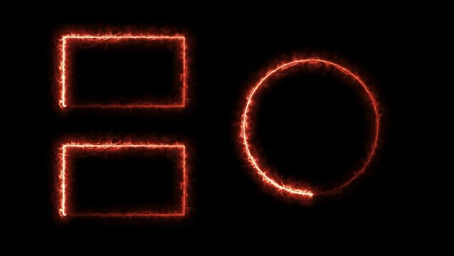 Rectangle and circle neon light frame red color animation. on black background.