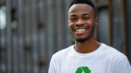 A man wearing a white t-shirt with a Green Recycling Symbol