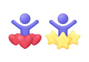 3D Person with stars and with hearts. Consumer or customer feedback score, satisfaction level and criticism concept