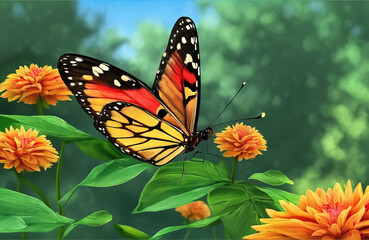 Spring background, butterflies flying among the greenery.