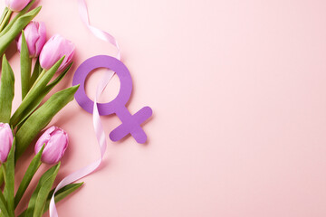 The narrative of womanhood: chapters of strength. Top view arrangement of pink blooms, gender...