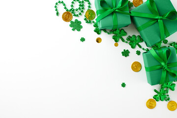 Gifts of the emerald isle: a festive display. Top view shot of elegant green gifts adorned with...