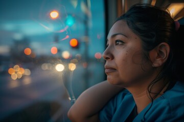 A woman gazes out of a window, her face illuminated by the warm street light, lost in thought as she observes the bustling city below