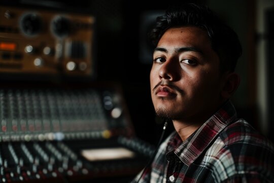 A skilled audio engineer intently adjusts the levels on his mixing console, his focused expression mirroring the intricate workings of the electronic instruments and the passion of the music being re