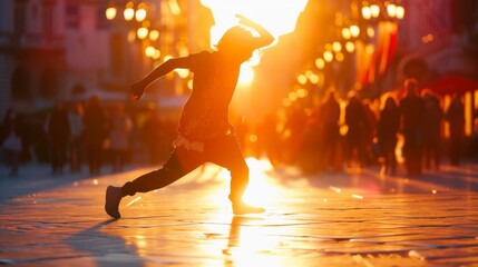 As the amber light of the setting sun bathes the street in a warm glow, a dancer gracefully moves to the beat of their own rhythm, the heat of the day forgotten as they sportively dance on the sidewa - obrazy, fototapety, plakaty