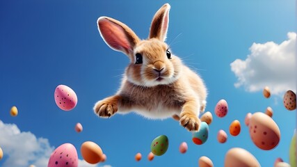 Adorable Easter bunny flying in a banner format, containing Easter eggs, against a blue sky. An example of generative AI