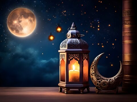 Ramadan Kareem Lantern with burning candle and night sky with waning crecent moon background