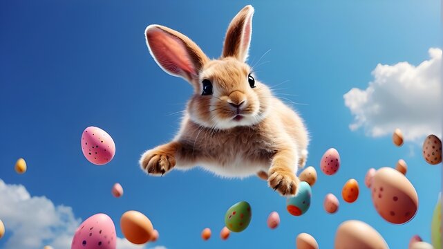 Adorable Easter bunny flying in a banner format, containing Easter eggs, against a blue sky. An example of generative AI - Powered by Adobe