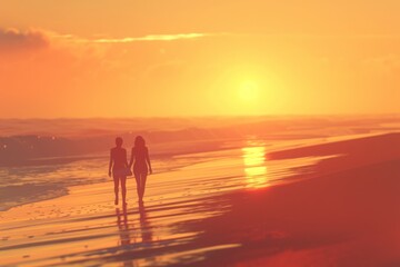 Fototapeta na wymiar As the sun sets behind the horizon, two people walk along the sandy beach, their silhouettes outlined by the warm backlighting of the sky and water