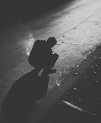 Dark shadow of a person on the ground in the street.