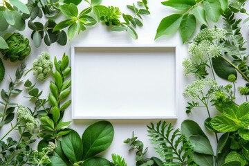 Creative layout made of flowers and leaves with paper card note. Flat lay. Nature concept - obrazy, fototapety, plakaty