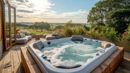 Escape to your own private hideaway with a rooftop terrace boasting a secluded hot tub cozy daybed and uninterrupted views of the rolling countryside. - obrazy, fototapety, plakaty
