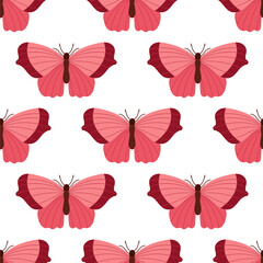 Seamless Butterfly pattern. Hand drawn sketch element. Beautiful insect in flight. Minimalist Color Nature Illustration. Red Flying butterfly. Repeated background for wallpaper, textile, wrapper.