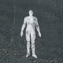 Fototapeta na wymiar A detailed chalk outline of a human figure on a weathered asphalt street.