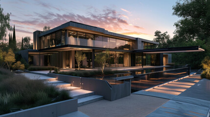 Fototapeta premium A modern masterpiece this home is designed to showcase the beauty of light and shadow in its architecture. The mirrored surfaces and strategically p lighting fixtures create