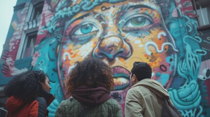 A diverse group of individuals stand in awe, captivated by the vibrant colors and intricate details of a large street mural depicting a human face, its striking presence evoking a sense of wonder and