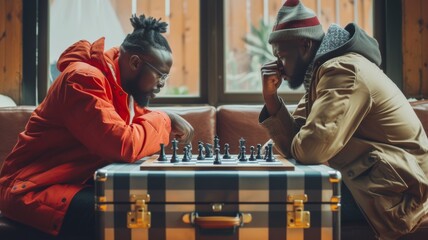 Two young man playing chess 
 - obrazy, fototapety, plakaty