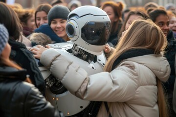 a woman is hugging a robot in a crowd of people