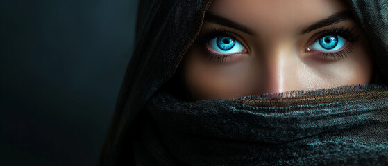 Feche o retrato de uma bela jovem com olhos azuis e véu preto - obrazy, fototapety, plakaty