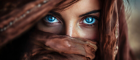 Feche o retrato de uma bela jovem com olhos azuis e lenço marrom